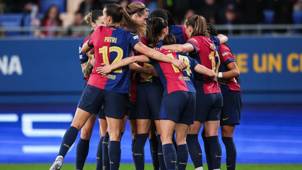 La piña del Barça Femenino en la celebración de un gol durante el triunfo de Champions League contra el Wolfsburgo