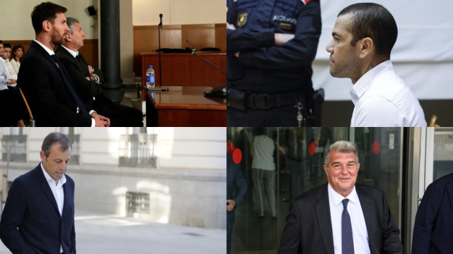 Leo Messi, Dani Alves, Sandro Rosell y Joan Laporta, en un montaje con sus respectivos juicios