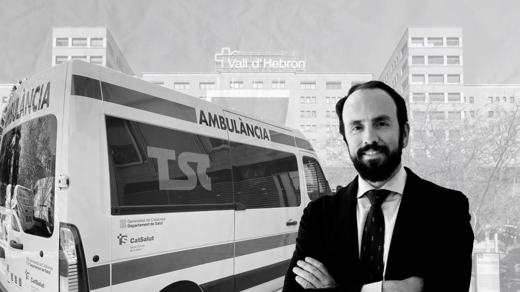 Una ambulancia de TSC, el CEO de HTGroup, Guillermo Moya, y el Hospital Vall d'Hebron