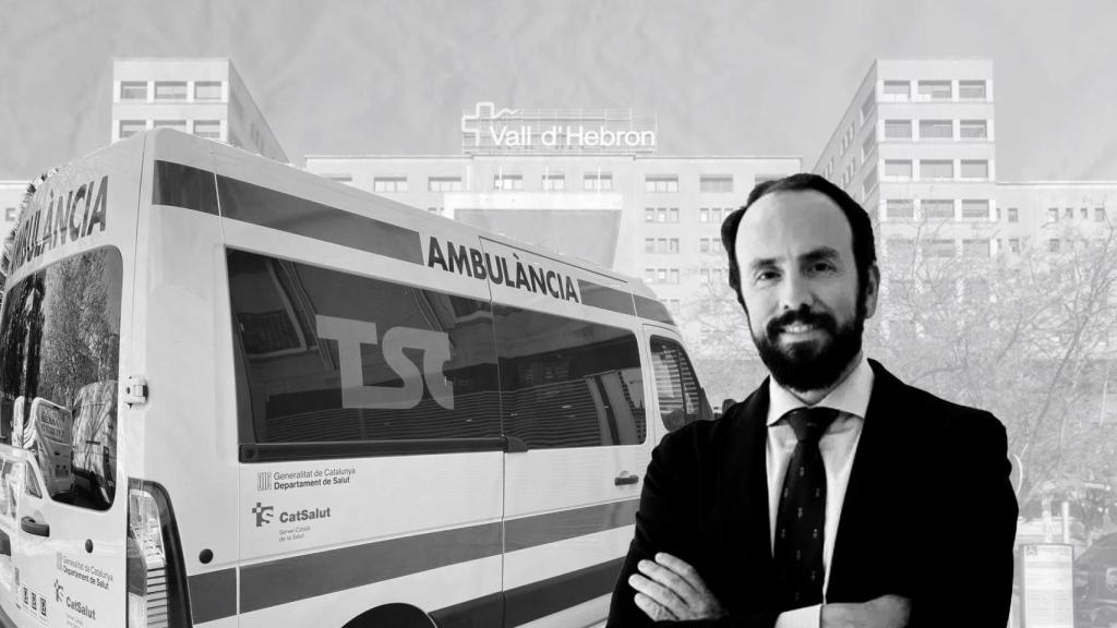 Una ambulancia de TSC, el CEO de HTGroup, Guillermo Moya, y el Hospital Vall d'Hebron