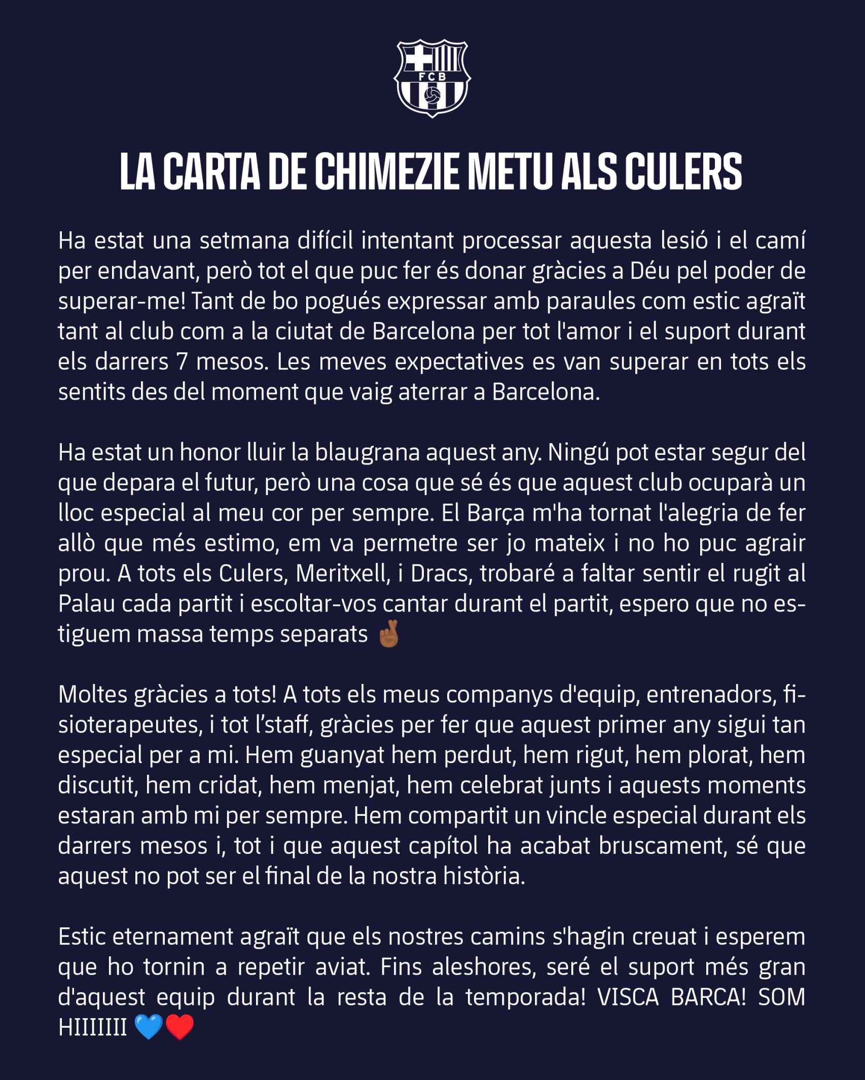 Carta de Chimezie Metu tras operarse de la rotura del tendón de Aquiles