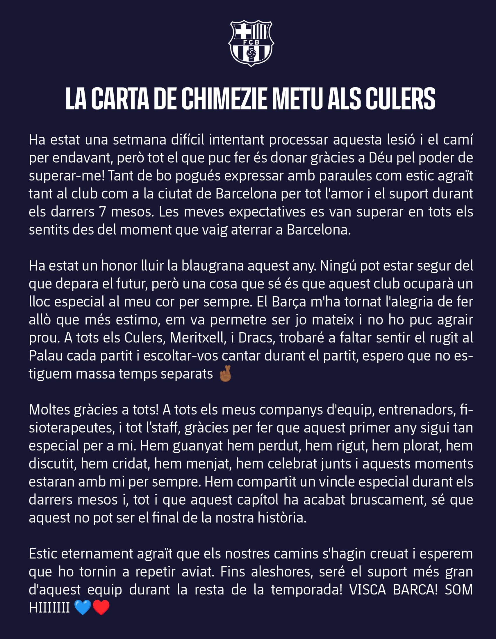 Carta de Chimezie Metu tras operarse de la rotura del tendón de Aquiles