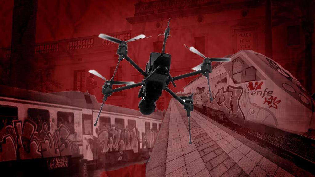 Un dron sobre dos trenes de Rodalies con grafitis