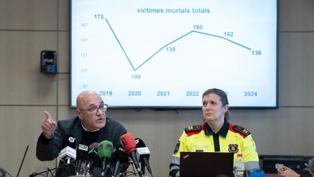 El director del Servei Català de Trànsit (SCT), Ramon Lamiel, y la comissaria de Mossos d'Esquadra, Mònica Luis, durante el balance de siniestralidad de 2024