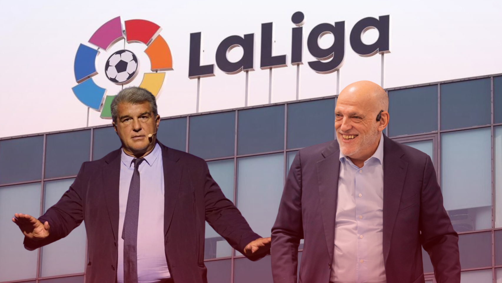 Joan Laporta y Javier Tebas, en un montaje con la sede de la Liga de fondo