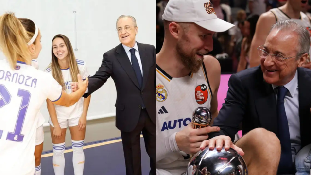 El presidente del Real Madrid, Florentino Pérez, en un montaje con las secciones de fútbol femenino y baloncesto