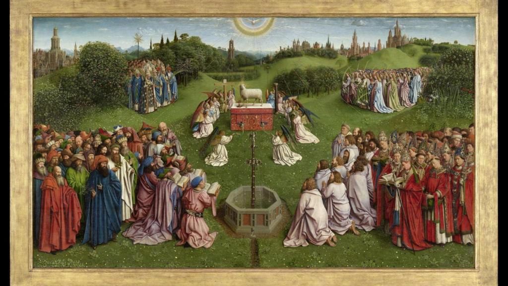 Panel central del Retablo de la Adoración del Cordero Místico, de Hubert y Jan van Eyck (1432). Catedral de San Bavón. Foto Dominique Provost.