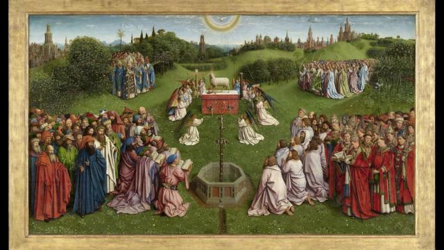 Panel central del Retablo de la Adoración del Cordero Místico, de Hubert y Jan van Eyck (1432). Catedral de San Bavón. Foto Dominique Provost.