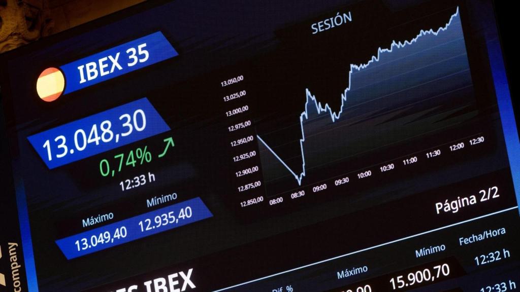 Paneles del Ibex 35 en la Bolsa de Madrid