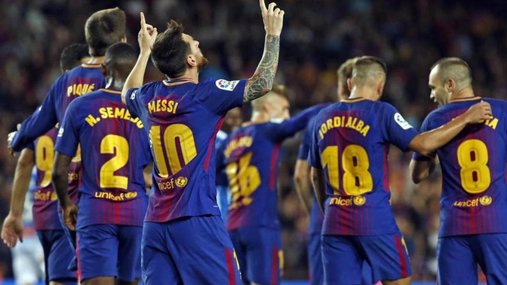 Leo Messi celebra un gol amb el Barça