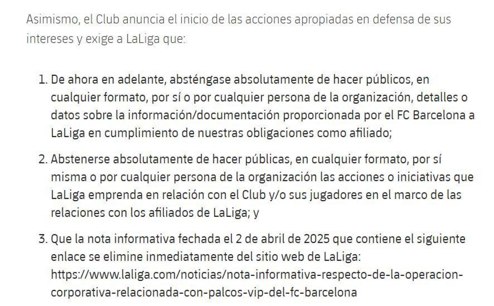 Duro comunicado del Barça contra la revelación de información confidencial de la Liga