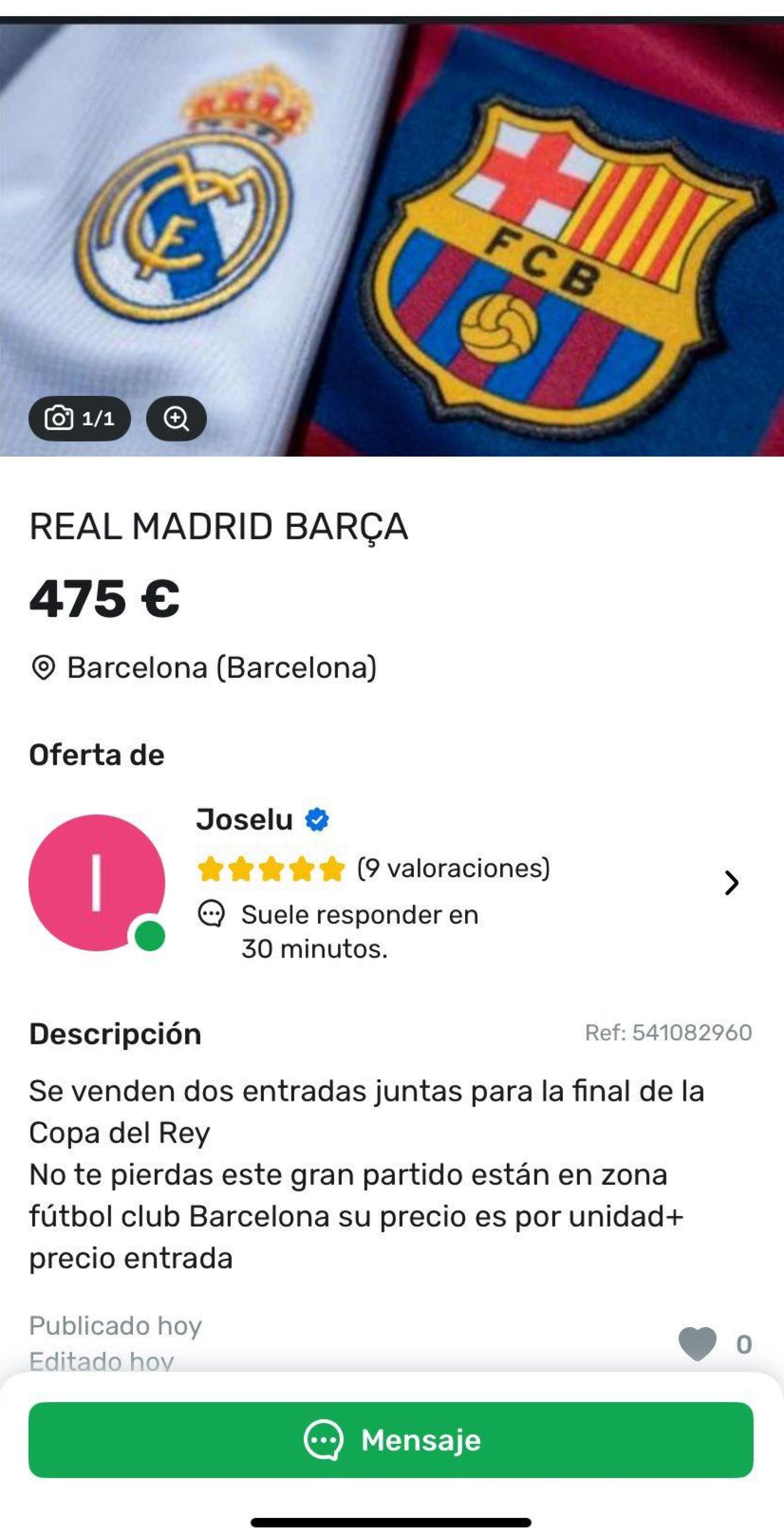 Reventa de una entrada para la final de Copa del Rey entre Barça y Madrid (1)