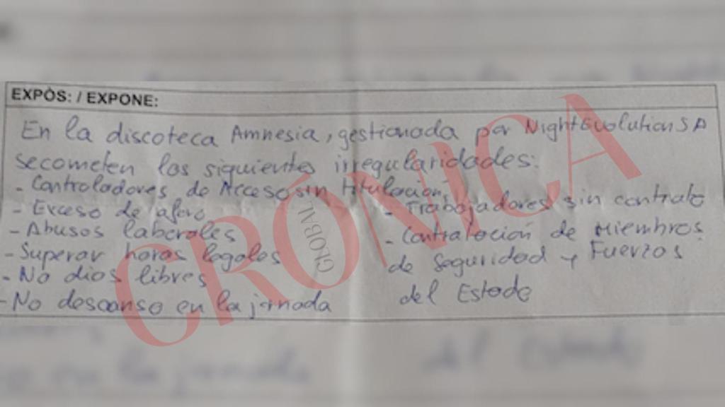 Parte de la denuncia a Inspección de Trabajo