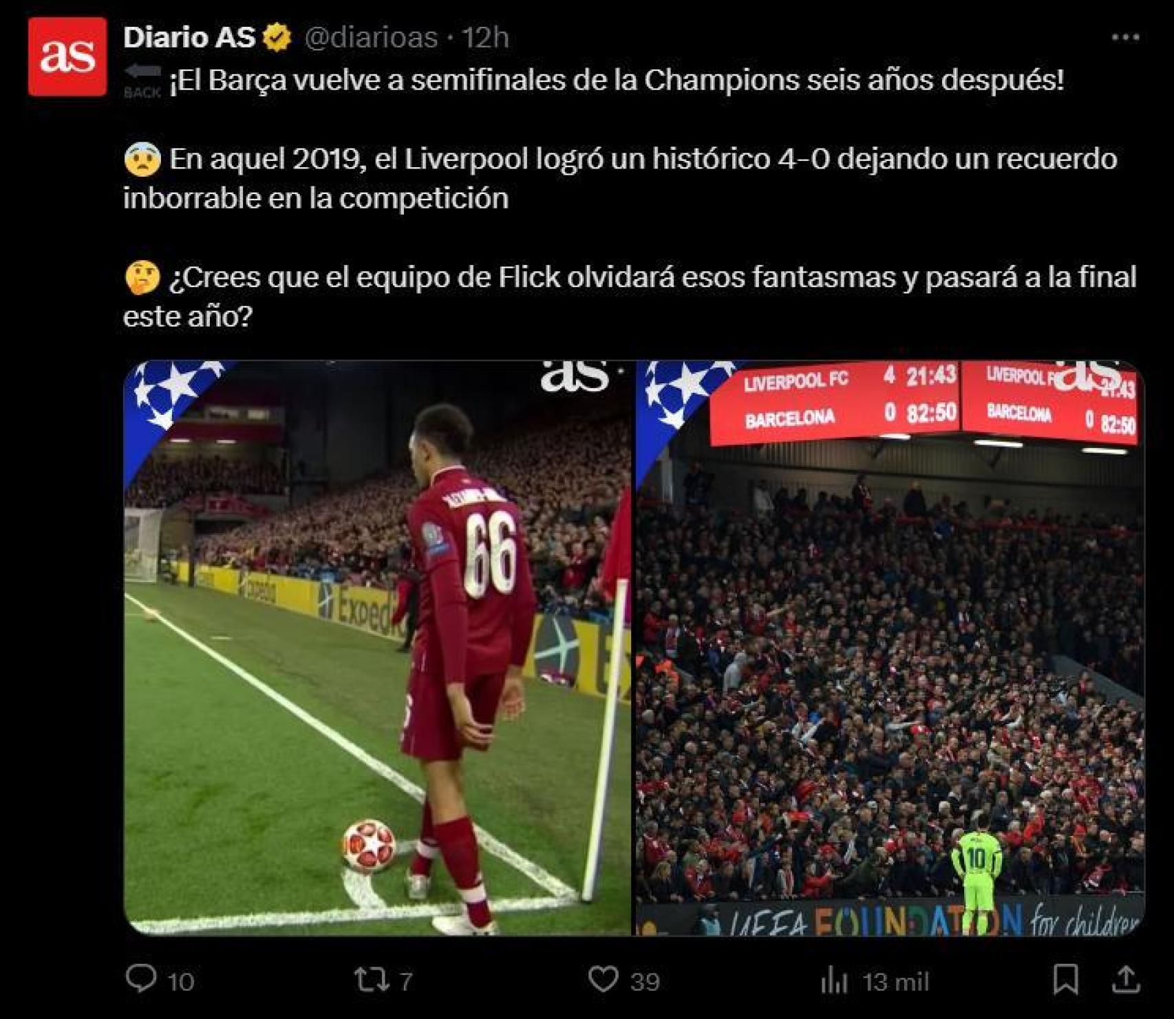 El 'Diario As' recuerda en Twitter la debacle de Anfield