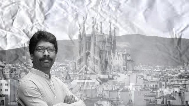 Fotomontaje con el rostro de Hemant Soren, primer ministro de la región india de Jharkhand