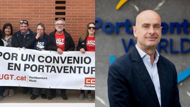 Representantes sindicaes de la UGT y CCOO y el director general de PortAventura, Fernando Aldecoa