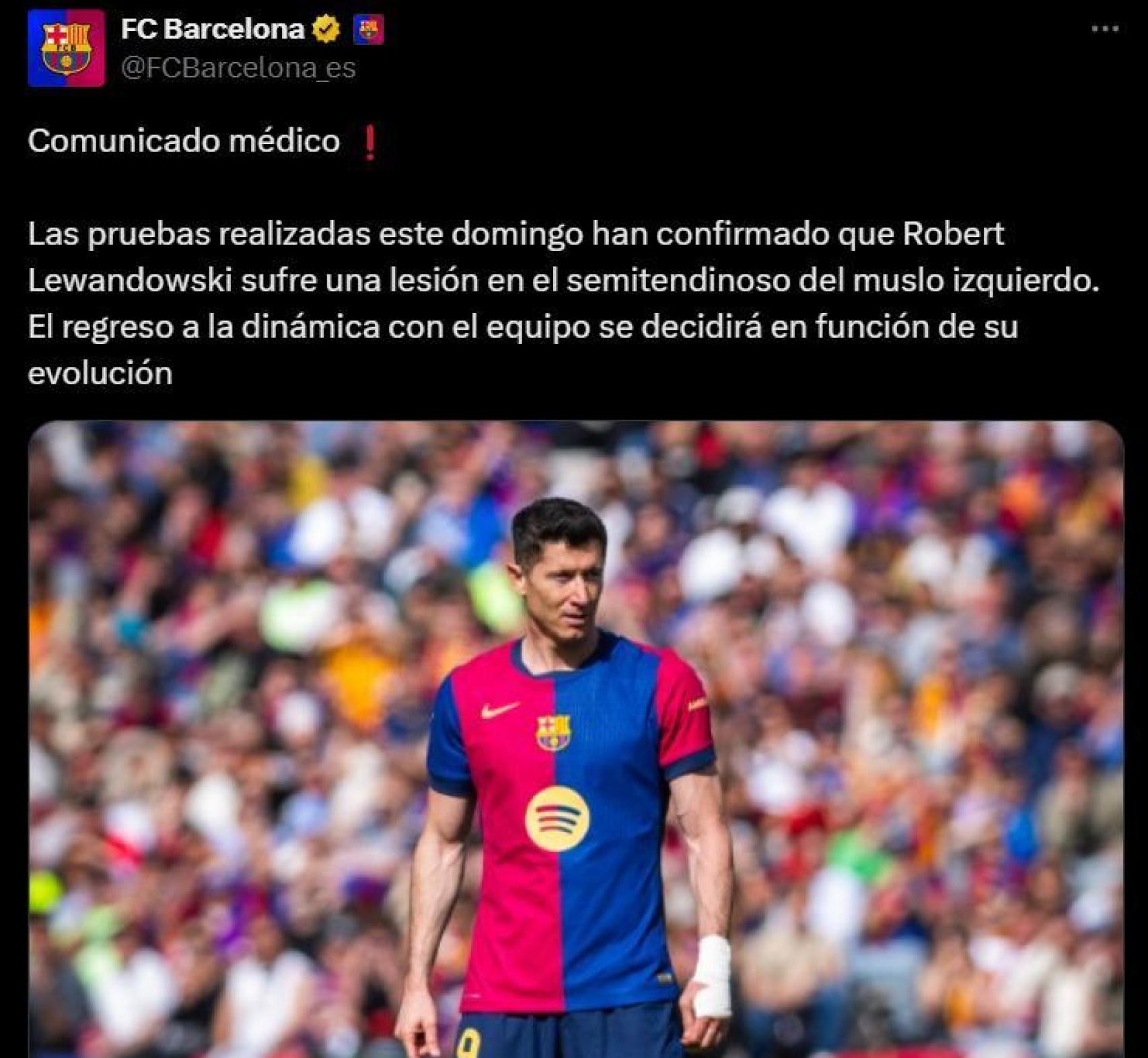 Comunicado médico del Barça sobre la lesión de Robert Lewandowski