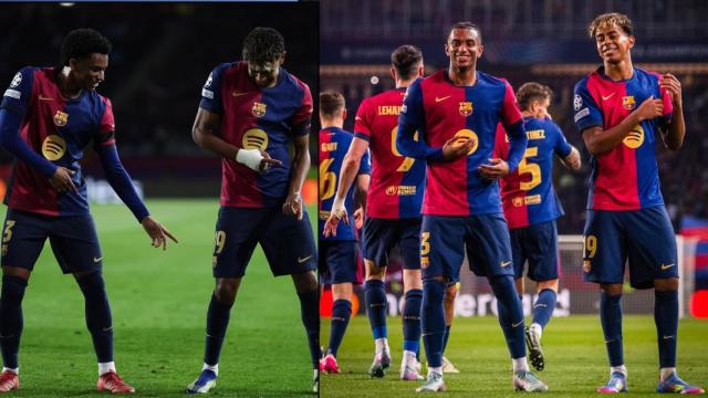 Lamine Yamal baila con Balde tras marcar al Benfica (con la mano vendada) y tras anotar contra el Borussia Dortmund (ya sin vendaje), siempre en Montjuïc