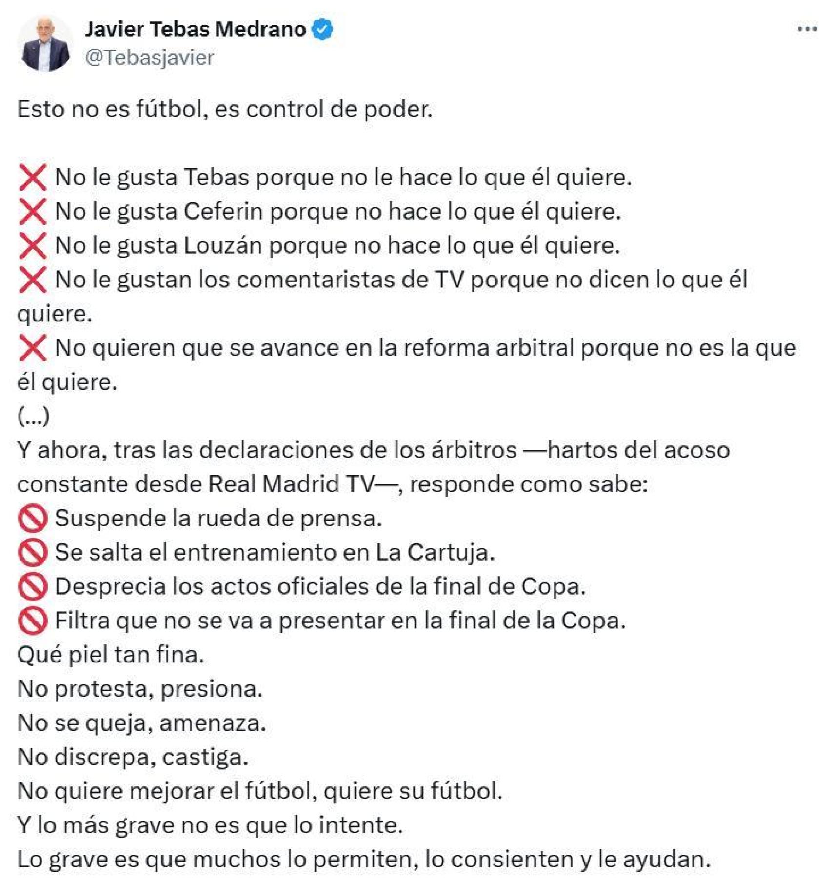 El presidente de la Liga, Javier Tebas, estalla contra las medidas de protesta del Real Madrid y la amenaza de ausentarse de la final de Copa del Rey