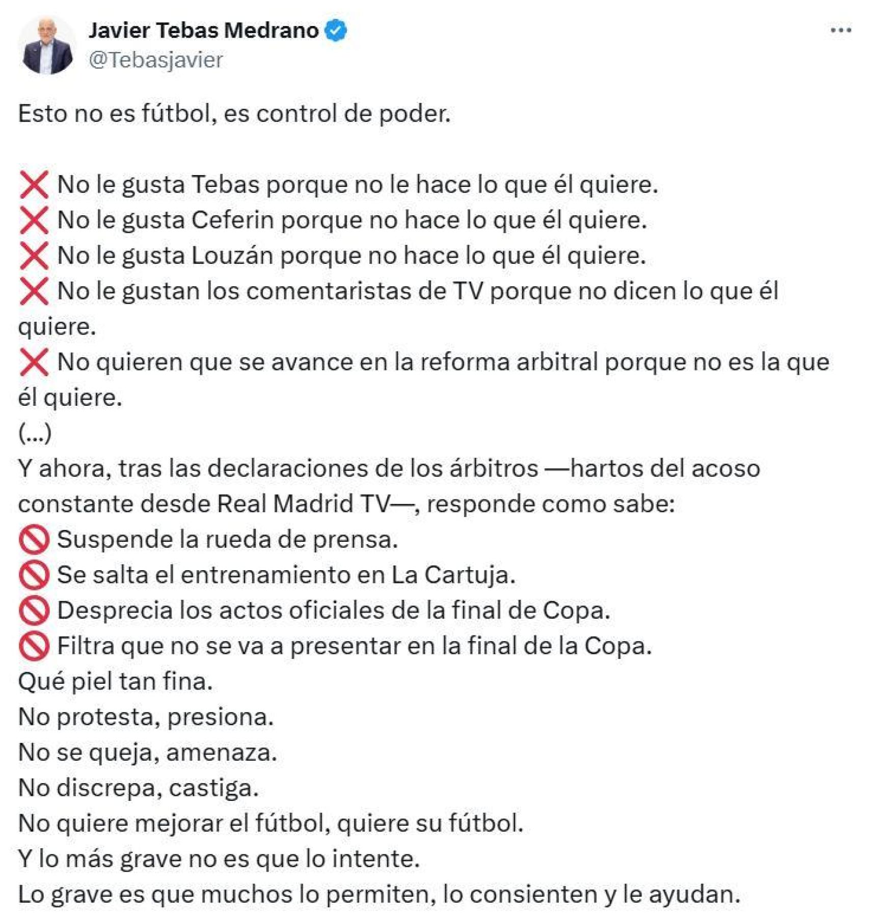 El presidente de la Liga, Javier Tebas, estalla contra las medidas de protesta del Real Madrid y la amenaza de ausentarse de la final de Copa del Rey