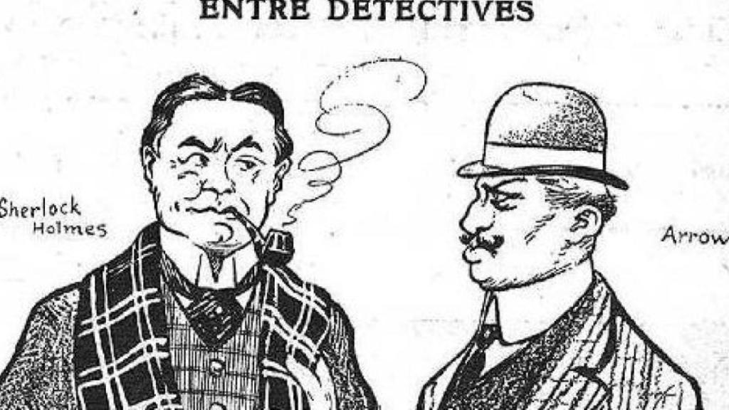 Sherlock Holmes y Charles Arrow, en una caricatura publicada en 'L'Esquella de la Torratxa' (1908)