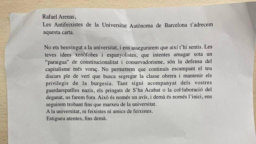 Escrito amenazante recibido por el catedrático Rafael Arenas