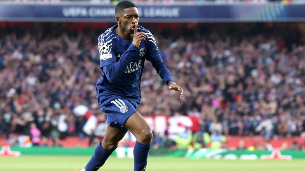 Dembelé celebra el gol del PSG al Arsenal, en la ida de las 'semis' de la Champions