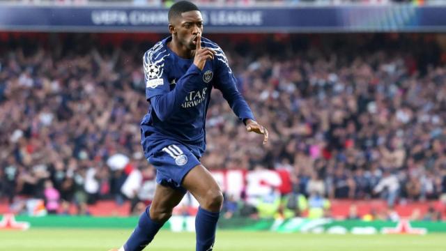 Dembelé celebra el gol del PSG al Arsenal, en la ida de las 'semis' de la Champions