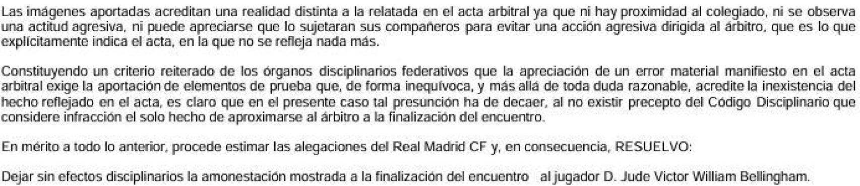 Argumentación de la RFEF para quitar la tarjeta roja a Jude Bellingham