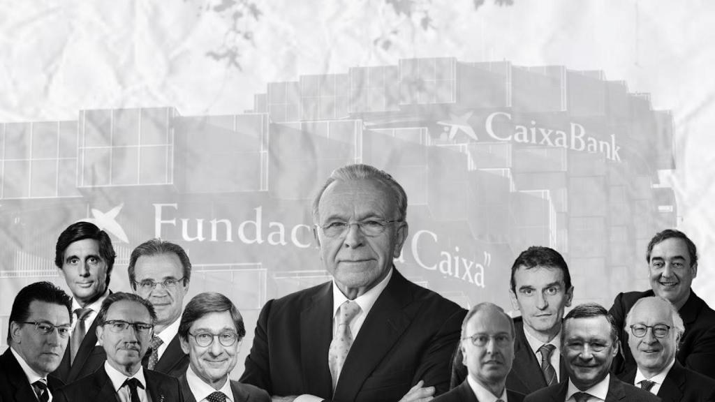 El presidente de la Fundación Bancaria La Caixa, Isidro Fainé, junto a exdirectivos del grupo o de sus participadas / FOTOMONTAJE CG
