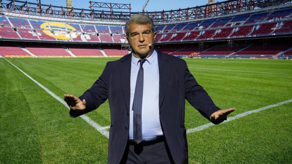 El presidente del Barça, Joan Laporta, en un montaje con las obras del nuevo Camp Nou