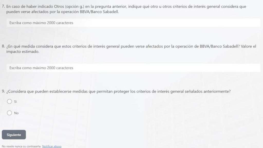 Preguntas 7, 8 y 9 del cuestionario del Ministerio de Economía sobre la OPA del BBVA al Banco Sabadell