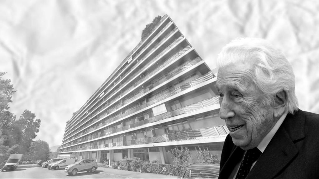 El mecenes i empresari català Pere Mir amb els apartaments de Ginebra de fons