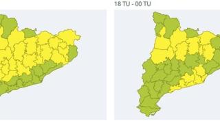Mapa de Cataluña con avisos por tormentas esta tarde y viernes