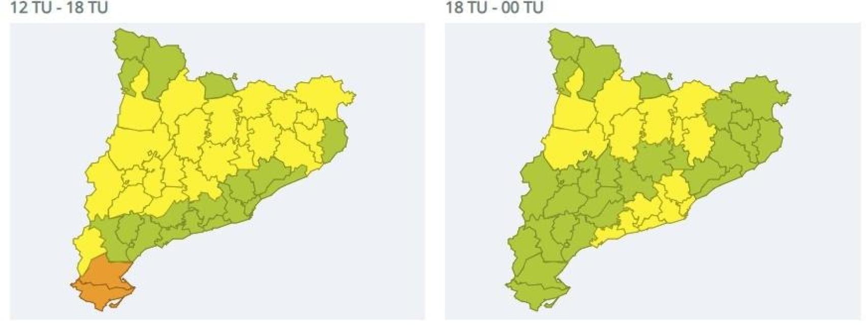 Mapa de Cataluña con avisos por tormentas esta tarde y viernes