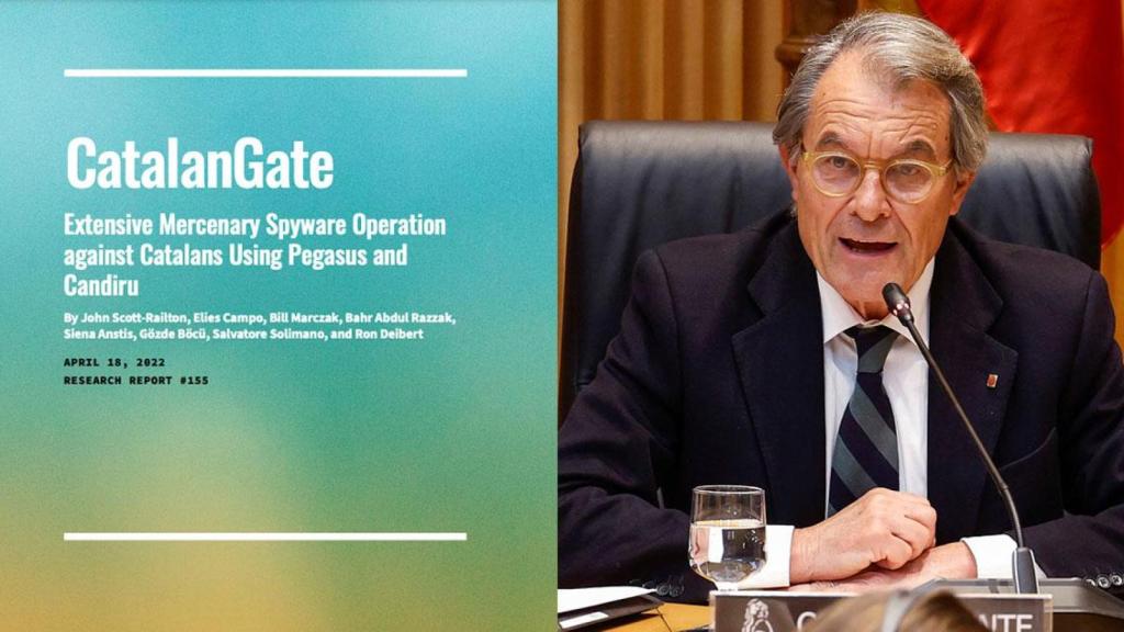 Artur Mas, durante su comparecencia en la comisión de la operación Cataluña en el Congreso, y la portada del informe Catalangate de Citizenlab de 2022