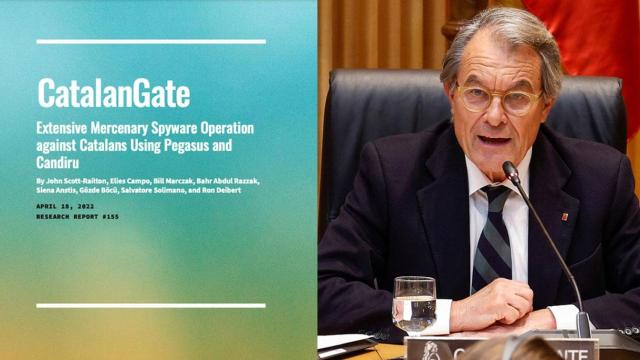Artur Mas, durante su comparecencia en la comisión de la operación Cataluña en el Congreso, y la portada del informe Catalangate de Citizenlab de 2022