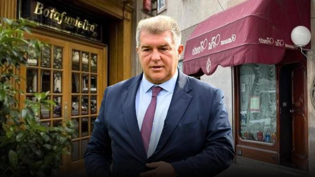 Joan Laporta con el Via Veneto y el Botafumeiro de fondo en un fotomontaje