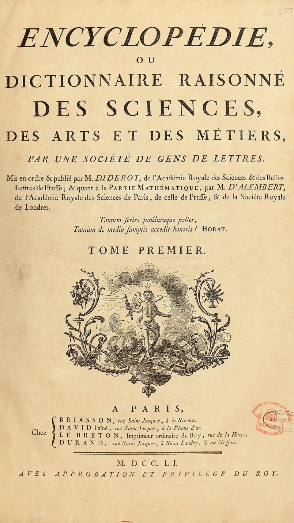 Primera página de la Encyclopedie de D'Alembert y Diderot