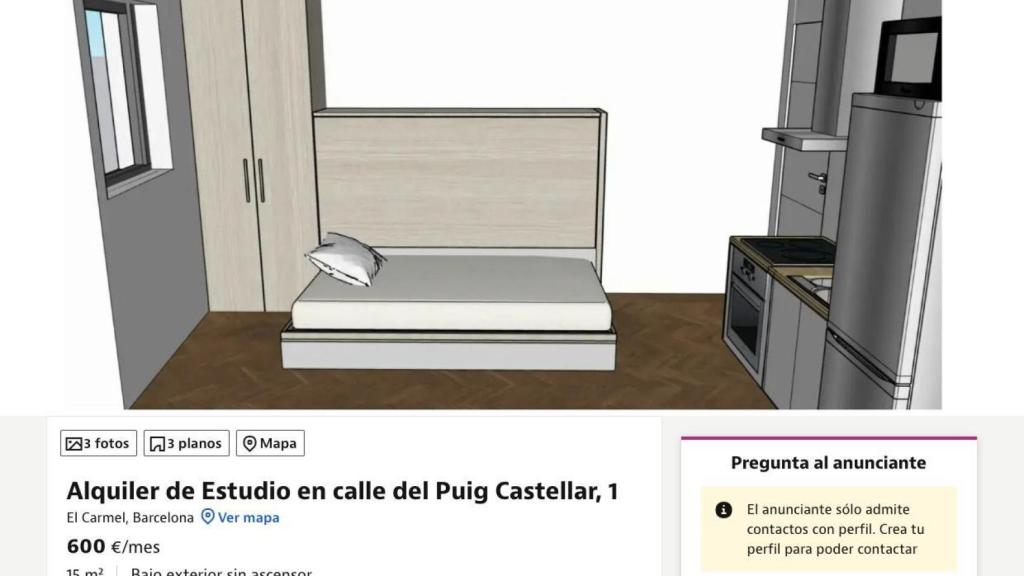 Anuncio en una plataforma inmobiliaria de un estudio de 15 metros cuadrados, por 600 euros, en Barcelona