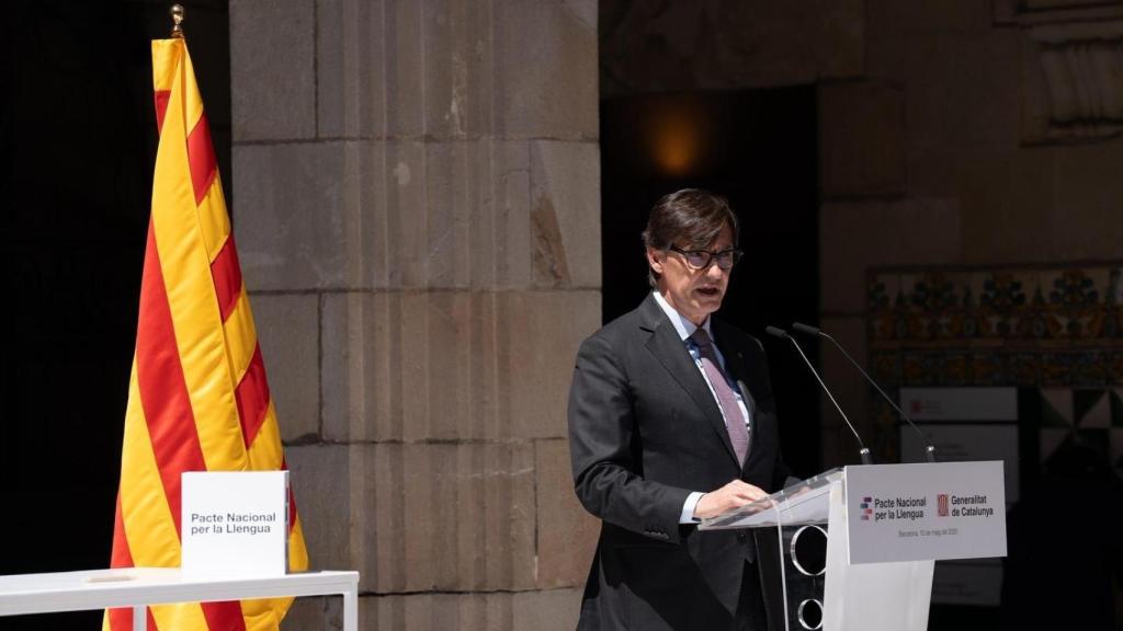 El presidente de la Generalitat, Salvador Illa, en el acto por la firma del Pacte Nacional per la Llengua