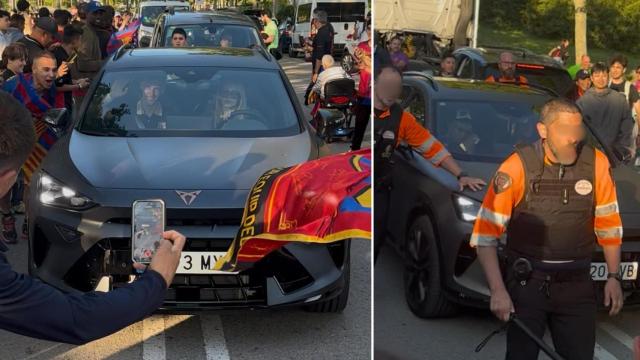 Lamine Yamal y Dani Olmo, a la salida de Montjuïc en sus respectivos coches, tras ganar el clásico