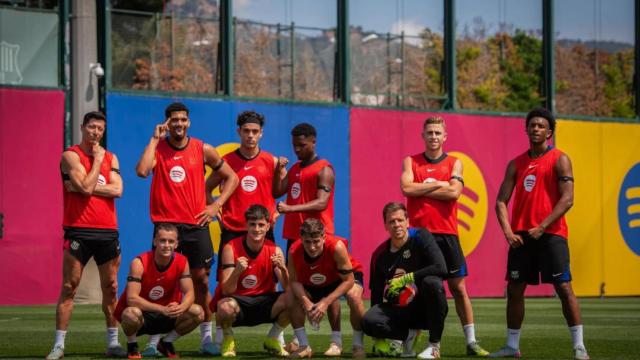 Los jugadores del Barça, en el entrenamiento previo al derbi contra el RCD Espanyol