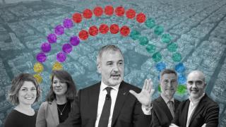 El alcalde de Barcelona, Jaume Collboni, junto a los líderes de grupos de la oposición