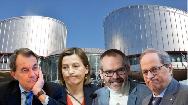 Artur Mas, Carme Forcadell, Josep Costa y Quim Torra, ante el edificio del TEDH de Estrasburgo