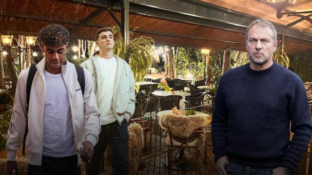 Lamine Yamal, Gavi y Hansi Flick con el restaurante Catalina en un fotomontaje