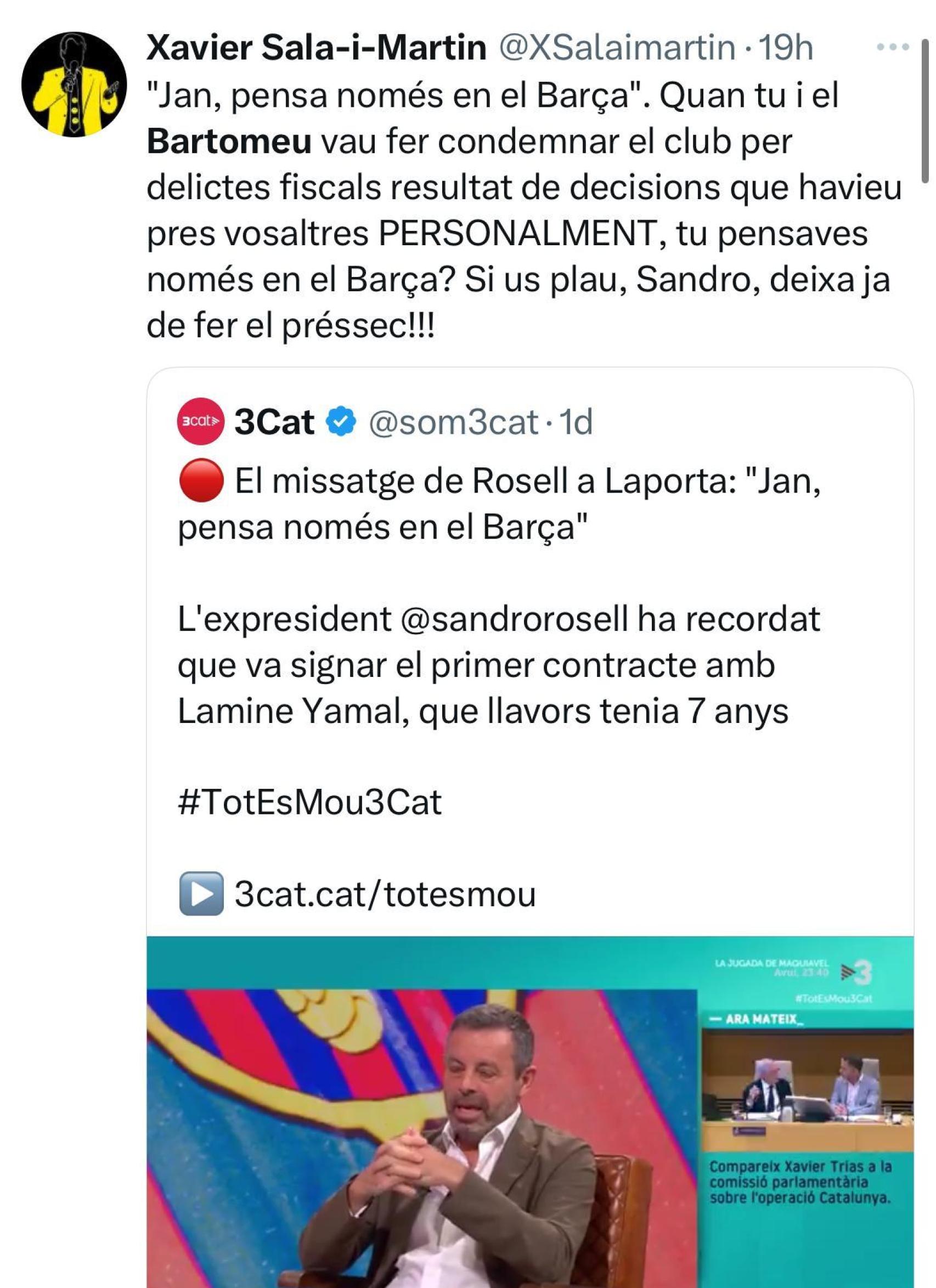 Xavier Sala-Martín sale en defensa de Laporta tras la afirmación de Rosell