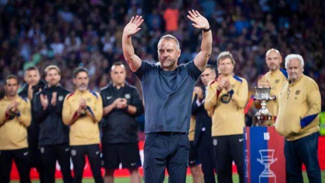 Hansi Flick, en la celebración del triplete nacional del Barça en Montjuïc