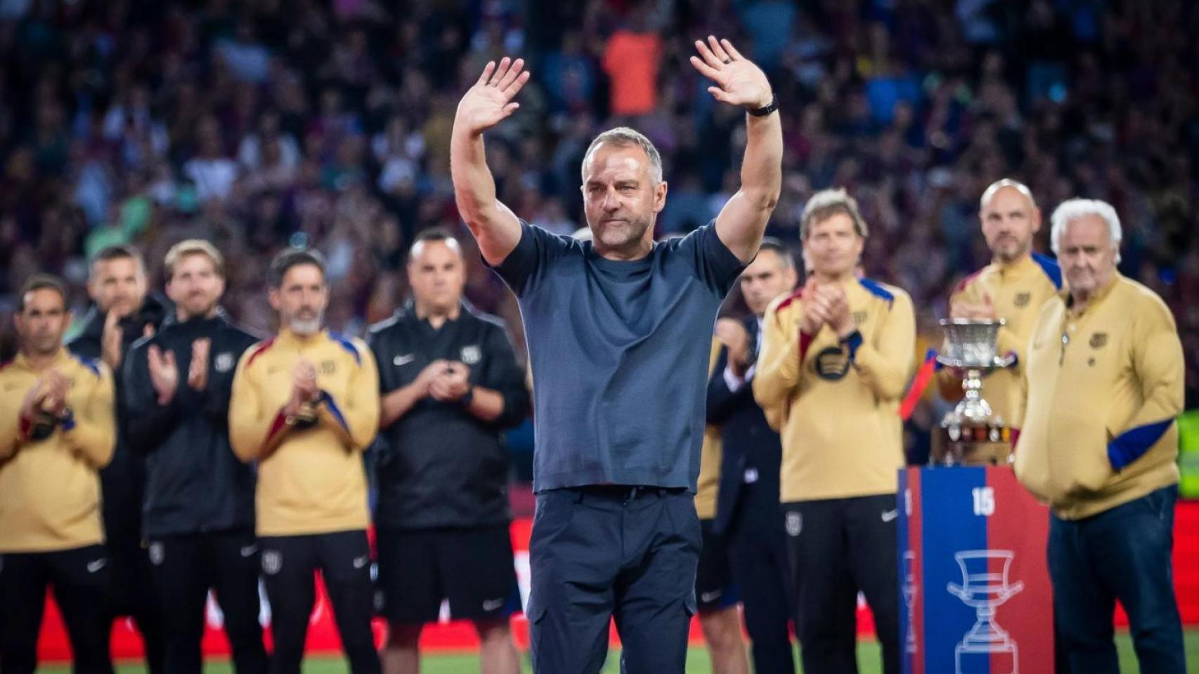 Hansi Flick, en la celebración del triplete nacional del Barça en Montjuïc