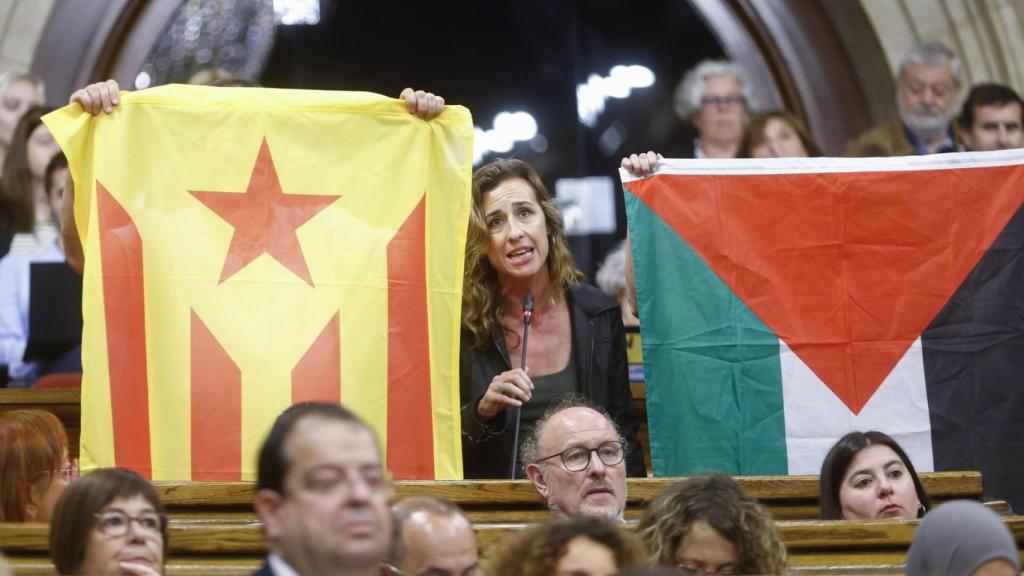 La diputada de la CUP, Laia Estrada (c), interviene en el Parlament junto a una bandera de Palestina